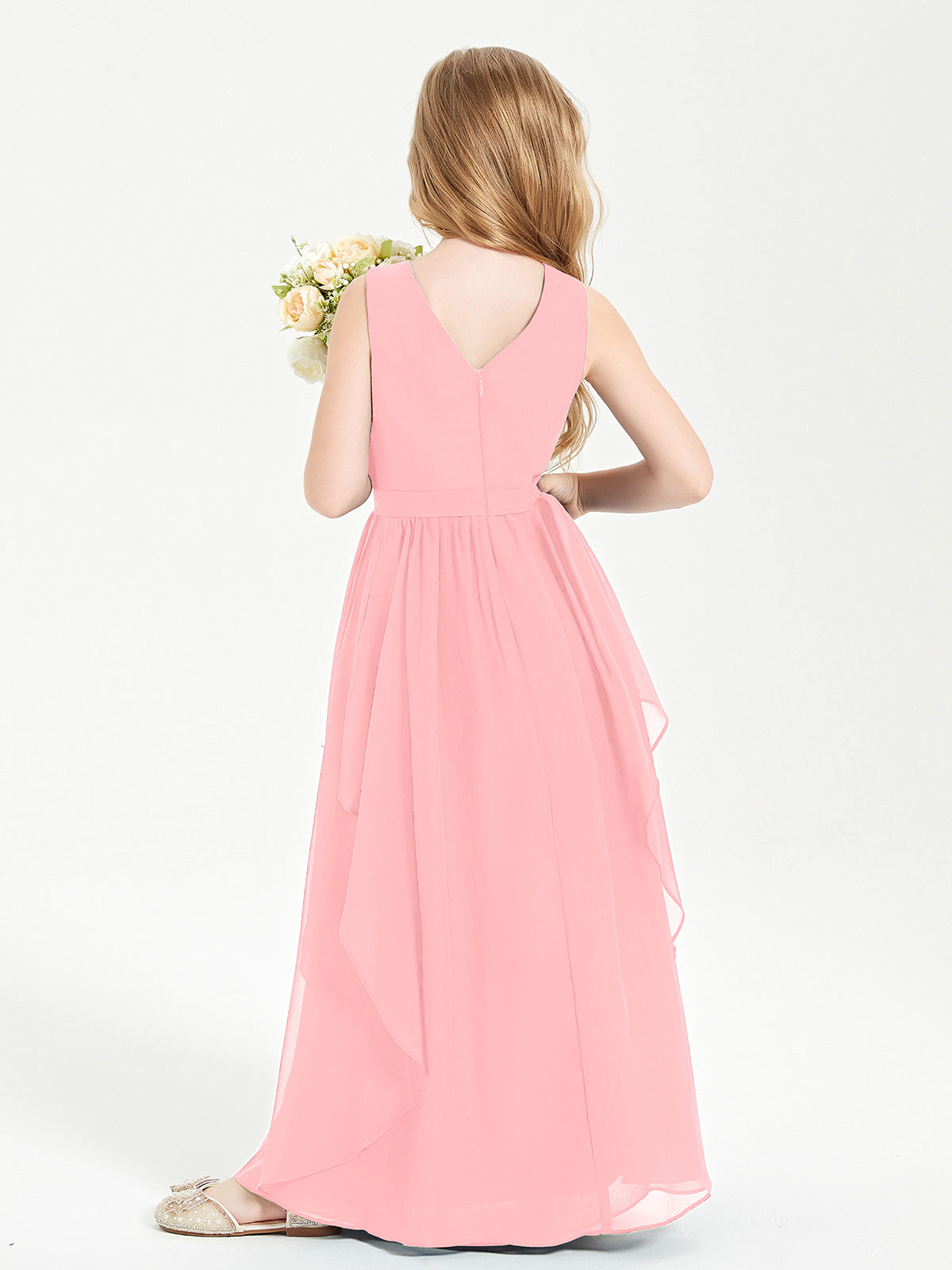 Boho Sleeveless Junior Chiffon Bridesmaids Gown Flamingo